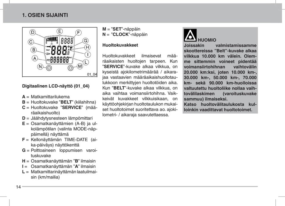 Osamatkanäyttämän B ilmaisin I = Osamatkanäyttämän A ilmaisin L = Matkamittarinäyttämän laatuilmaisin (km/mailia) M = SET -näppäin N = CLOCK -näppäin Huoltokuvakkeet Huoltokuvakkeet ilmaisevat