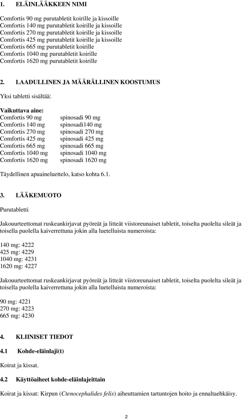 LAADULLINEN JA MÄÄRÄLLINEN KOOSTUMUS Yksi tabletti sisältää: Vaikuttava aine: Comfortis 90 mg Comfortis 140 mg Comfortis 270 mg Comfortis 425 mg Comfortis 665 mg Comfortis 1040 mg Comfortis 1620 mg