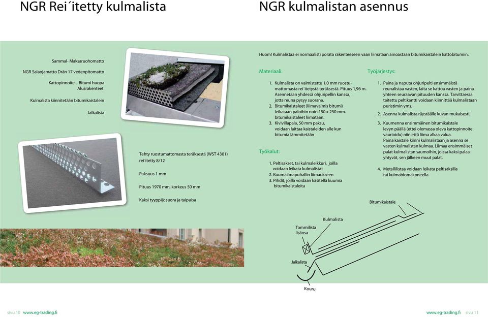 4301) rei itetty 8/12 Paksuus 1 mm Pituus 1970 mm, korkeus 50 mm 1. Kulmalista on valmistettu 1,0 mm ruostumattomasta rei itetystä teräksestä. Pituus 1,96 m.