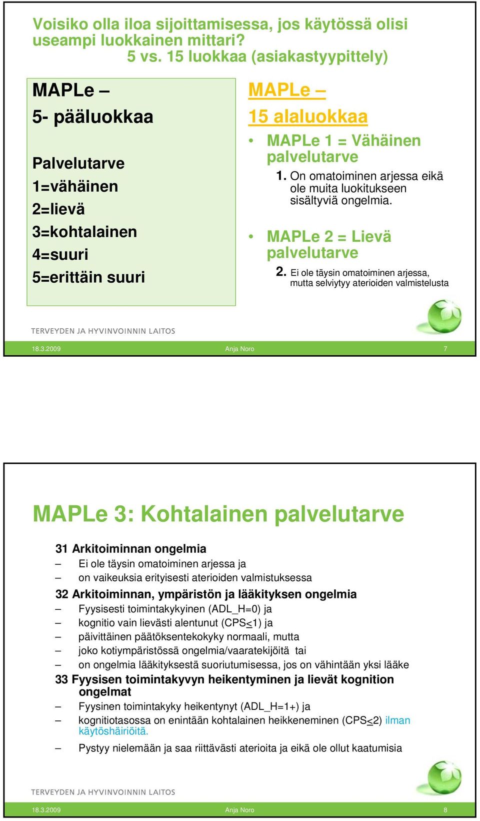 On omatoiminen arjessa eikä ole muita luokitukseen sisältyviä ongelmia. MAPLe 2 = Lievä palvelutarve 2. Ei ole täysin omatoiminen arjessa, mutta selviytyy aterioiden valmistelusta 18.3.