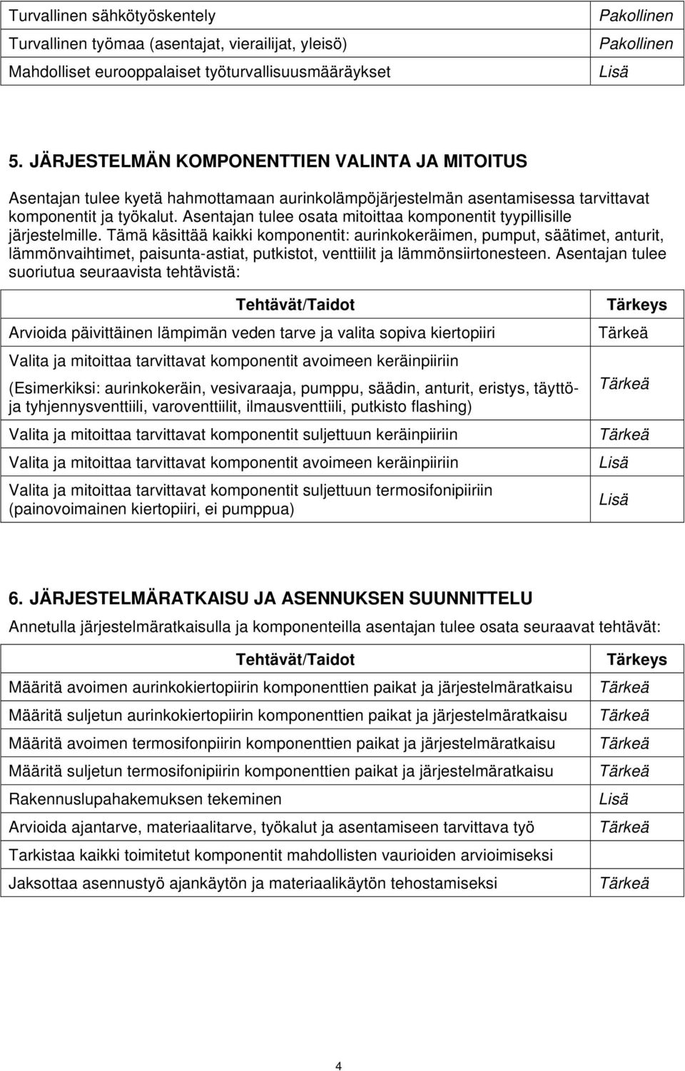 Asentajan tulee osata mitoittaa komponentit tyypillisille järjestelmille.