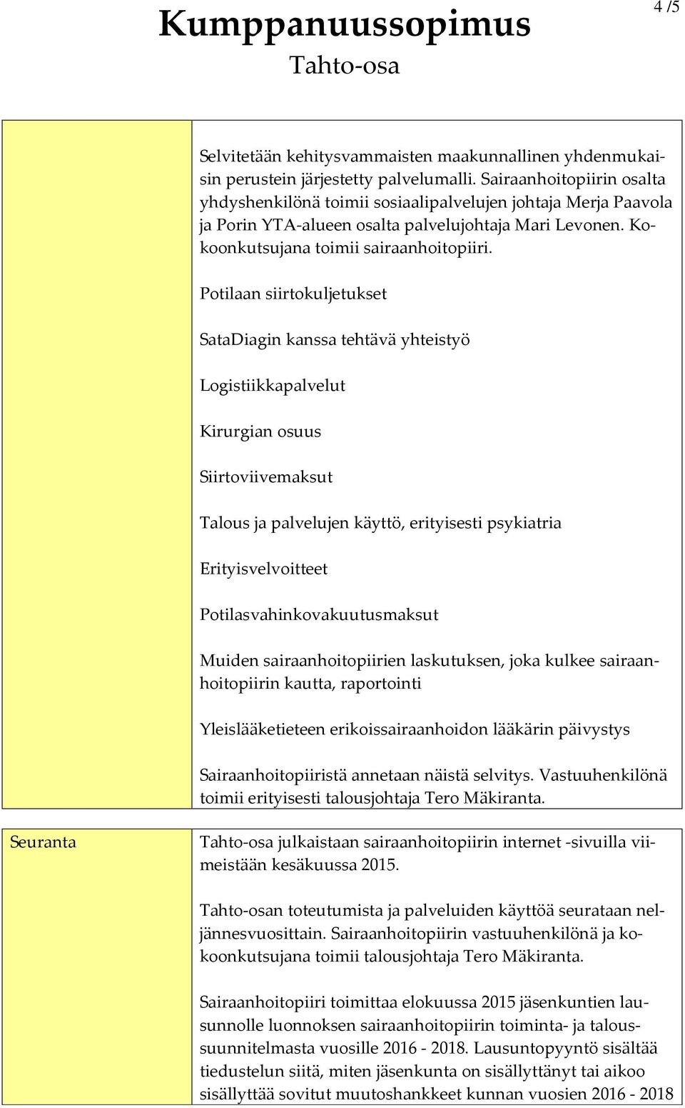 Potilaan siirtokuljetukset SataDiagin kanssa tehtävä yhteistyö Logistiikkapalvelut Kirurgian osuus Siirtoviivemaksut Talous ja palvelujen käyttö, erityisesti psykiatria Erityisvelvoitteet