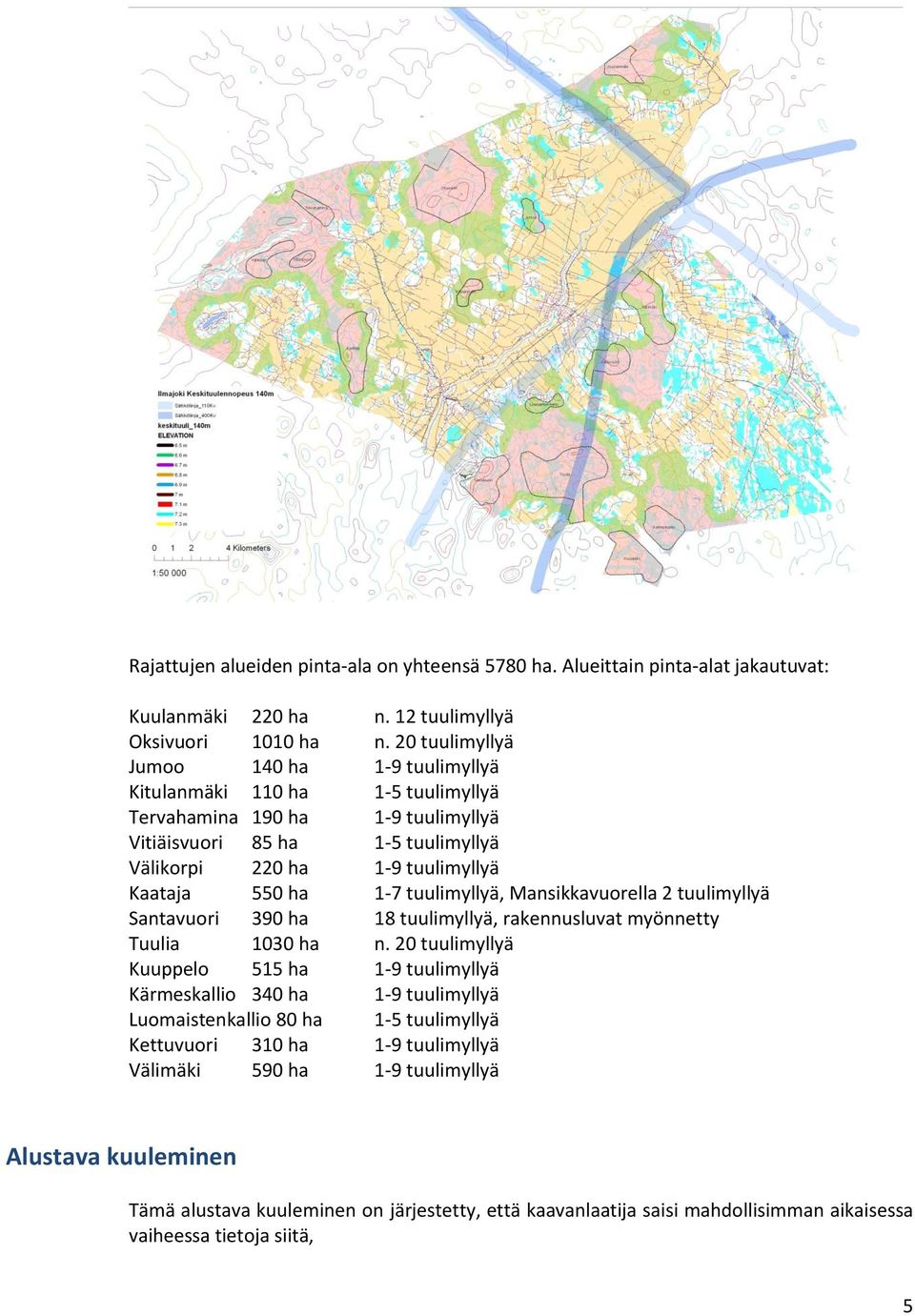 1-7 tuulimyllyä, Mansikkavuorella 2 tuulimyllyä Santavuori 390 ha 18 tuulimyllyä, rakennusluvat myönnetty Tuulia 1030 ha n.