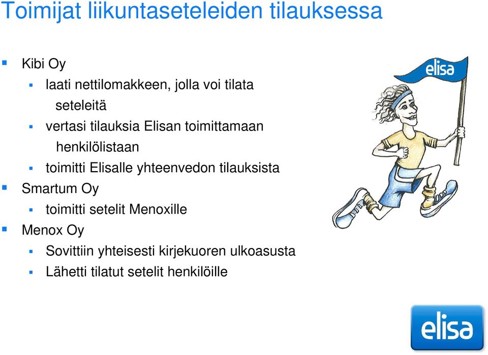 Elisalle yhteenvedon tilauksista Smartum Oy toimitti setelit Menoxille Menox Oy