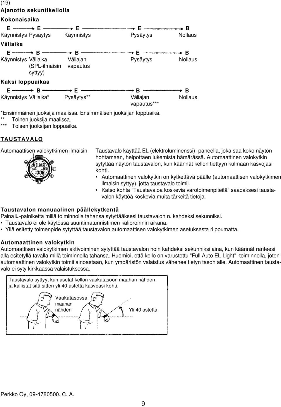 *** Toisen juoksijan loppuaika. TAUSTAVALO Automaattisen valokytkimen ilmaisin Taustavalo käyttää EL (elektroluminenssi) -paneelia, joka saa koko näytön hohtamaan, helpottaen lukemista hämärässä.