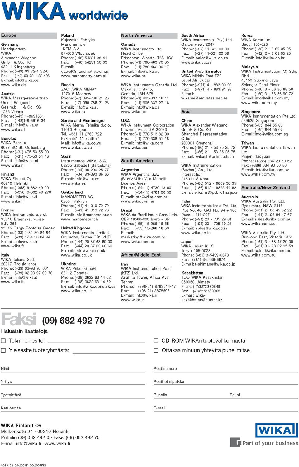 Odilienberg Phone:(+31) 475-53 55 00 Fax: (+31) 475-53 54 46 E-mail: info@wika.nl www.wika.nl Finland WIKA Finland Oy 00210 Helsinki Phone:(+358) 9-682 49 20 Fax: (+358) 9-682 49 270 E-mail: info@wika.