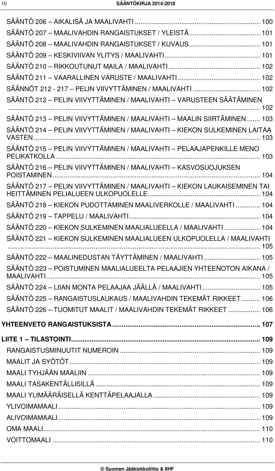 .. 102 SÄÄNNÖT 212-217 PELIN VIIVYTTÄMINEN / MAALIVAHTI... 102 SÄÄNTÖ 212 PELIN VIIVYTTÄMINEN / MAALIVAHTI VARUSTEEN SÄÄTÄMINEN... 102 SÄÄNTÖ 213 PELIN VIIVYTTÄMINEN / MAALIVAHTI MAALIN SIIRTÄMINEN.