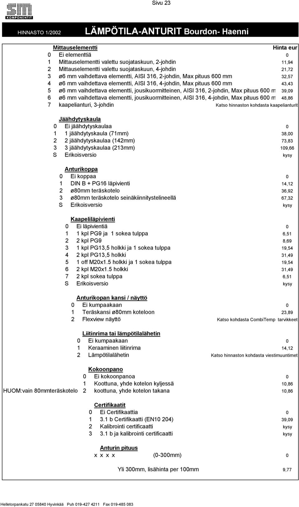 jousikuormitteinen, AISI 316, 2-johdin, Max pituus 600 mm 39,09 6 ø6 mm vaihdettava elementti, jousikuormitteinen, AISI 316, 4-johdin, Max pituus 600 mm 48,86 7 kaapelianturi, 3-johdin Katso