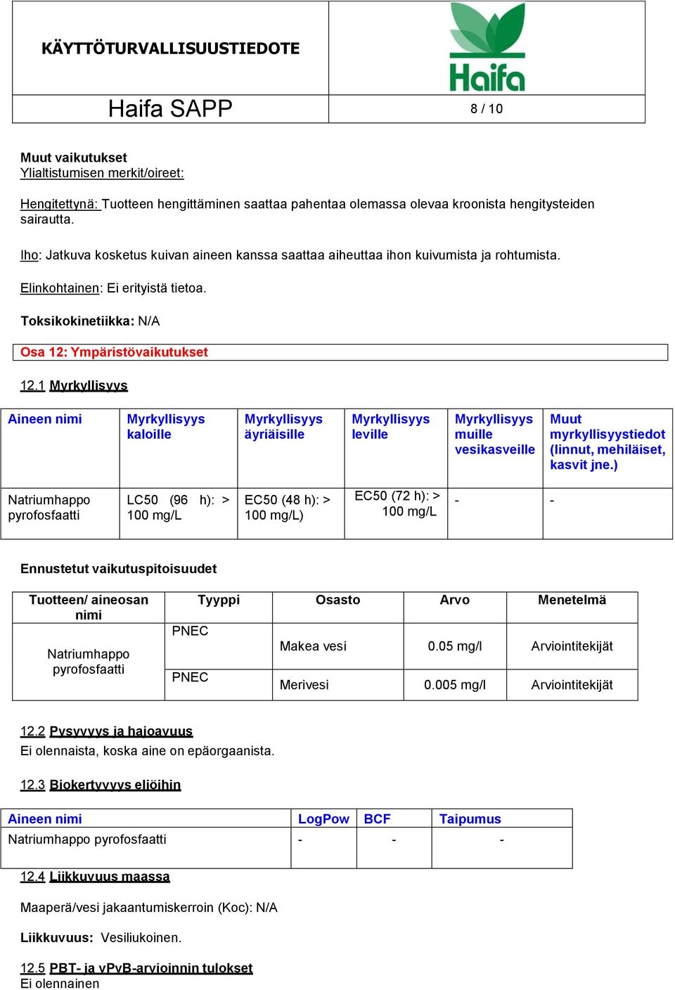1 Myrkyllisyys Aineen nimi Myrkyllisyys kaloille Myrkyllisyys äyriäisille Myrkyllisyys leville Myrkyllisyys muille vesikasveille Muut myrkyllisyystiedot (linnut, mehiläiset, kasvit jne.