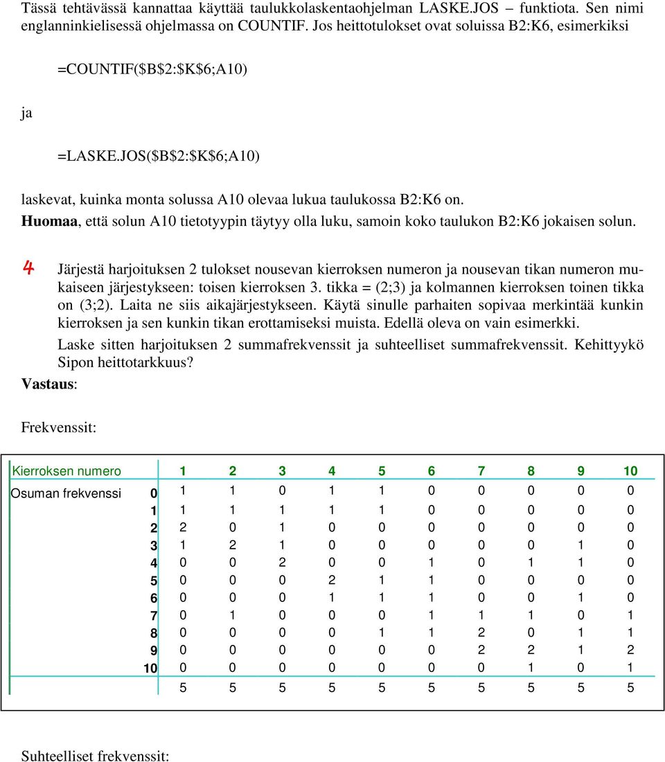 Huomaa, että solun A10 tietotyypin täytyy olla luku, samoin koko taulukon B2:K6 jokaisen solun.