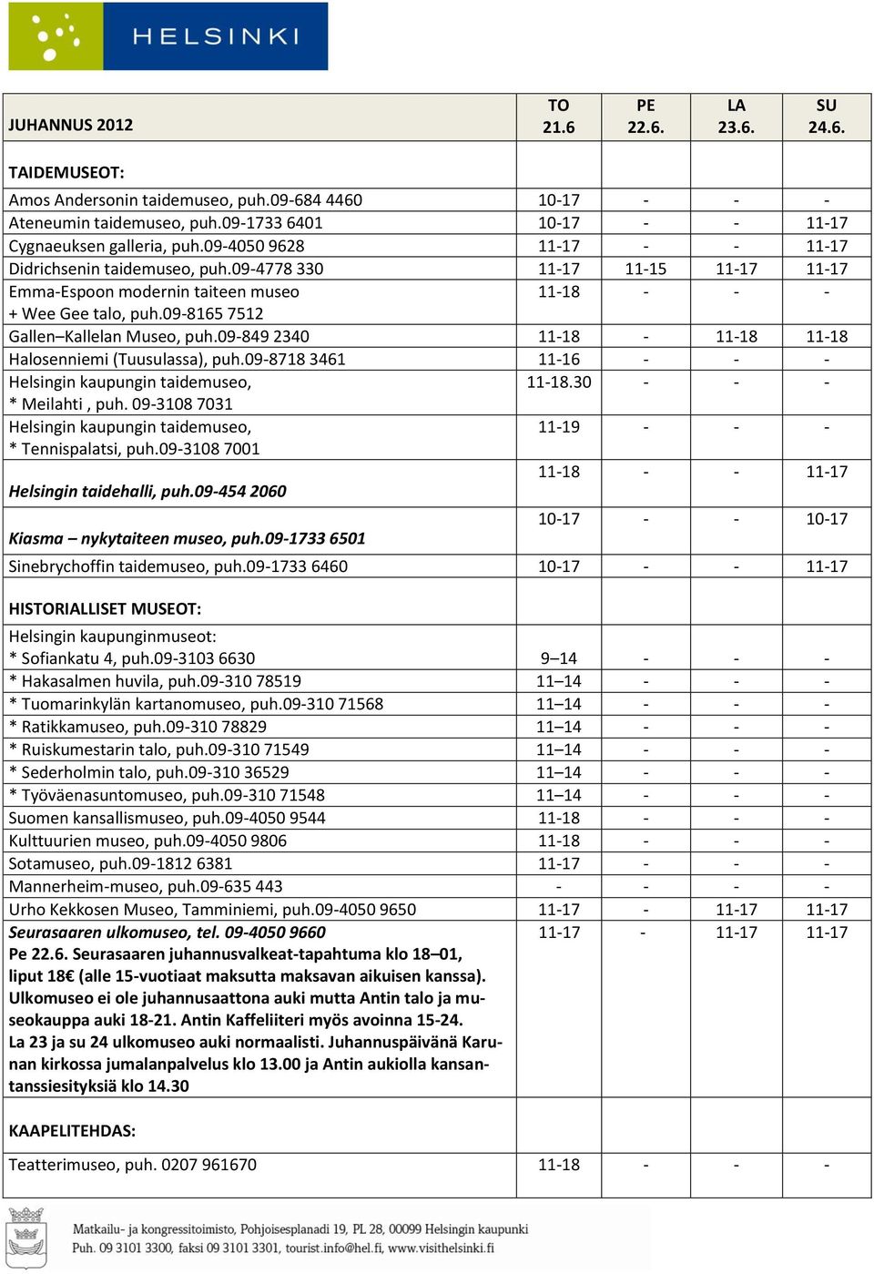 098718 3461 1116 Helsingin kaupungin taidemuseo, 1118.30 * Meilahti, puh. 093108 7031 Helsingin kaupungin taidemuseo, 1119 * Tennispalatsi, puh.093108 7001 1118 1117 Helsingin taidehalli, puh.