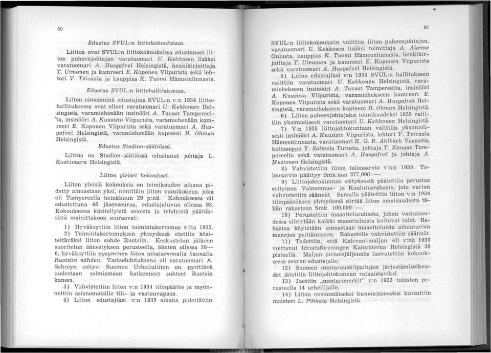 Liiton nimeäminä edustajina SVUL:n v:n 1934 liittohallituksessa ovat olleet varatuomari U. Kekkonen Helsingistä, varamiehenään insinööri A. Tavast Tampereel ta, insinööri A.
