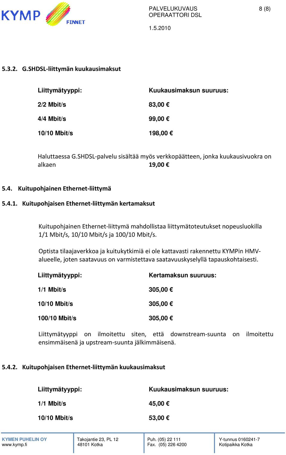 ,00 5.4. Kuitupohjainenn Ethernet liittymä 5.4.1.