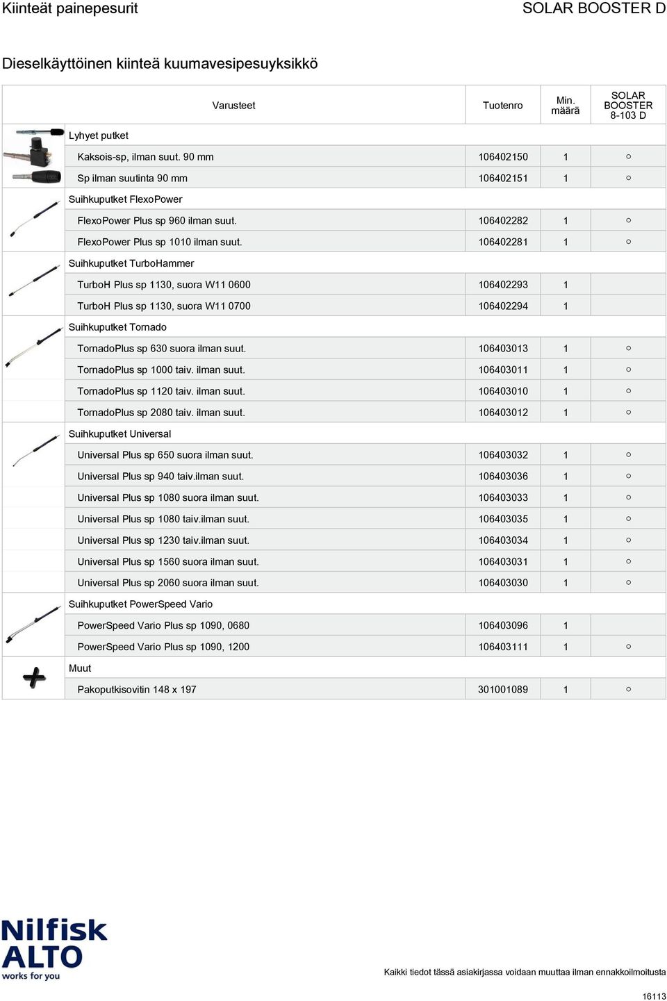 106403013 1 TornadoPlus sp 1000 taiv. ilman suut. 106403011 1 TornadoPlus sp 1120 taiv. ilman suut. 106403010 1 TornadoPlus sp 2080 taiv. ilman suut. 106403012 1 Suihkuputket Universal Universal Plus sp 650 suora ilman suut.