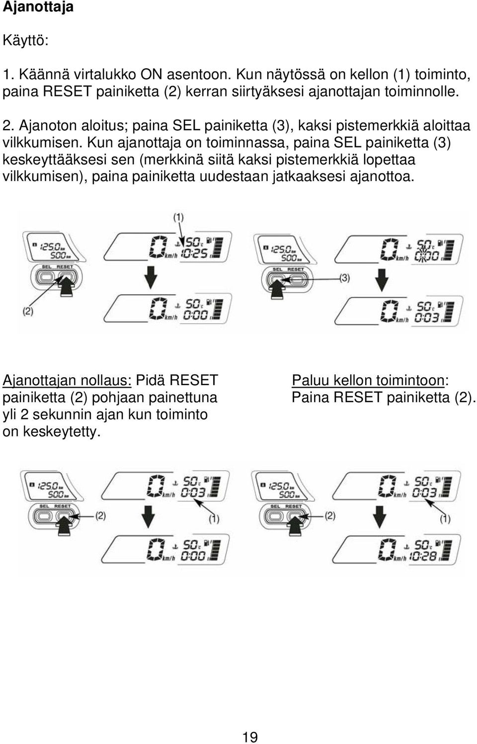 Ajanoton aloitus; paina SEL painiketta (3), kaksi pistemerkkiä aloittaa vilkkumisen.