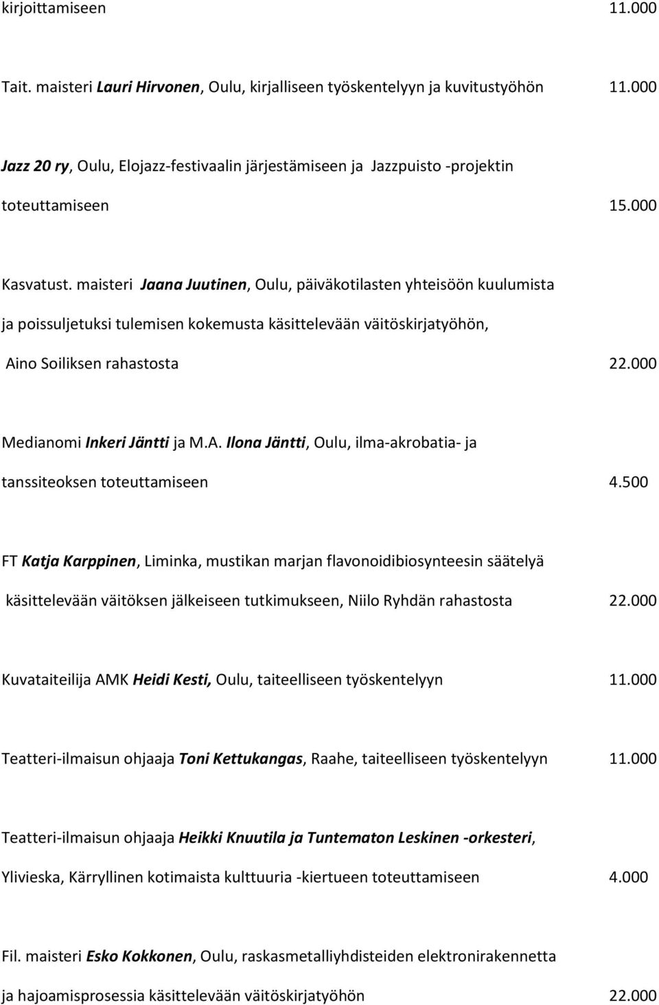maisteri Jaana Juutinen, Oulu, päiväkotilasten yhteisöön kuulumista ja poissuljetuksi tulemisen kokemusta käsittelevään väitöskirjatyöhön, Aino Soiliksen rahastosta 22.