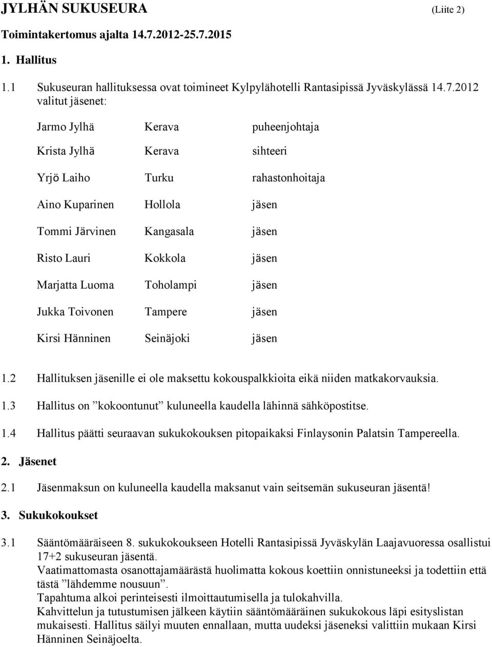 2015 1. Hallitus 1.1 Sukuseuran hallituksessa ovat toimineet Kylpylähotelli Rantasipissä Jyväskylässä 14.7.