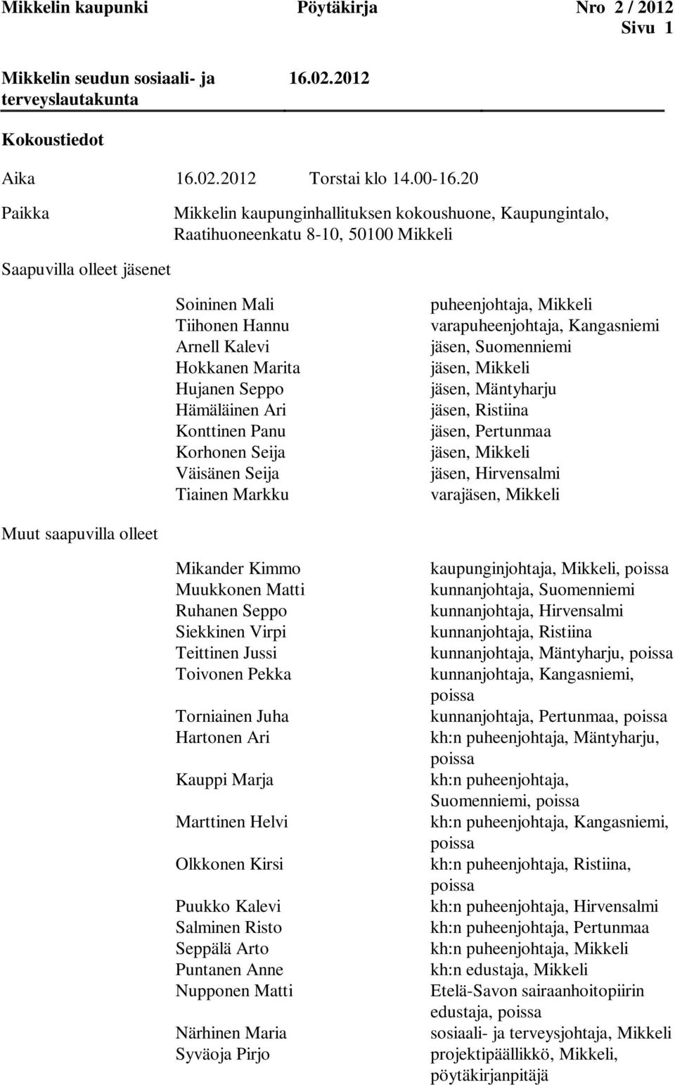 Seppo Hämäläinen Ari Konttinen Panu Korhonen Seija Väisänen Seija Tiainen Markku puheenjohtaja, Mikkeli varapuheenjohtaja, Kangasniemi jäsen, Suomenniemi jäsen, Mikkeli jäsen, Mäntyharju jäsen,