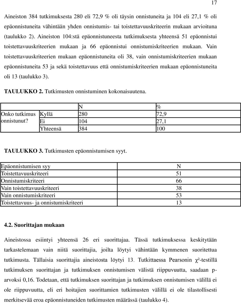 Vain toistettavuuskriteerien mukaan epäonnistuneita oli 38, vain onnistumiskriteerien mukaan epäonnistuneita 53 ja sekä toistettavuus että onnistumiskriteerien mukaan epäonnistuneita oli 13 (taulukko