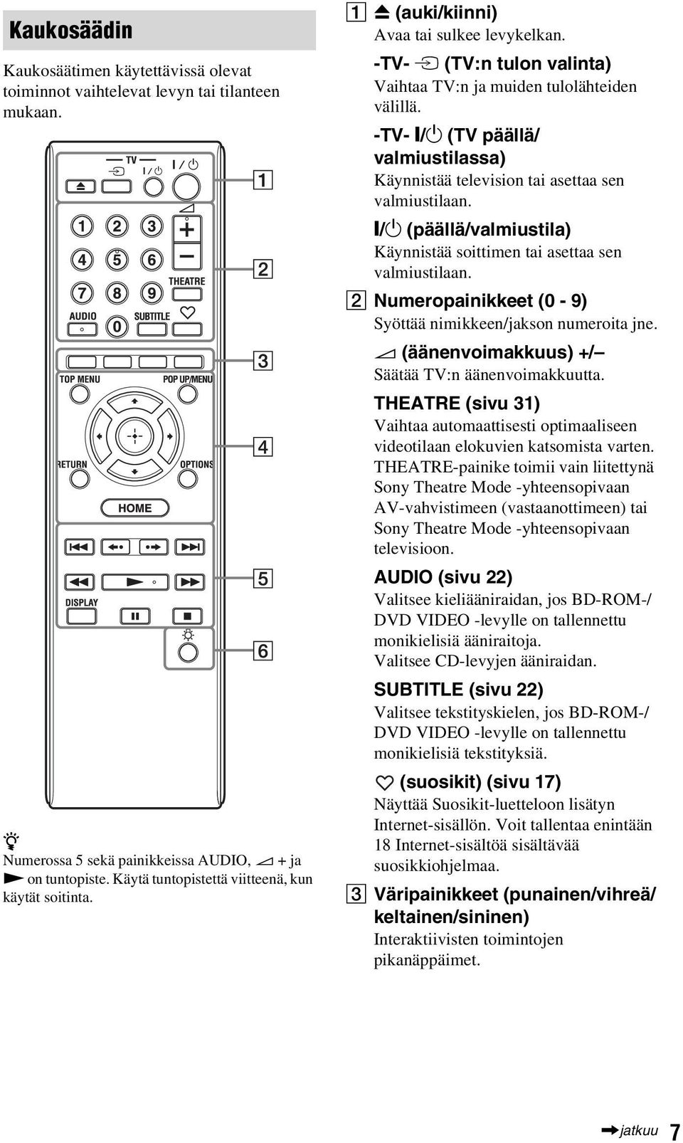 -TV- [/1 (TV päällä/ valmiustilassa) Käynnistää television tai asettaa sen valmiustilaan. [/1 (päällä/valmiustila) Käynnistää soittimen tai asettaa sen valmiustilaan.