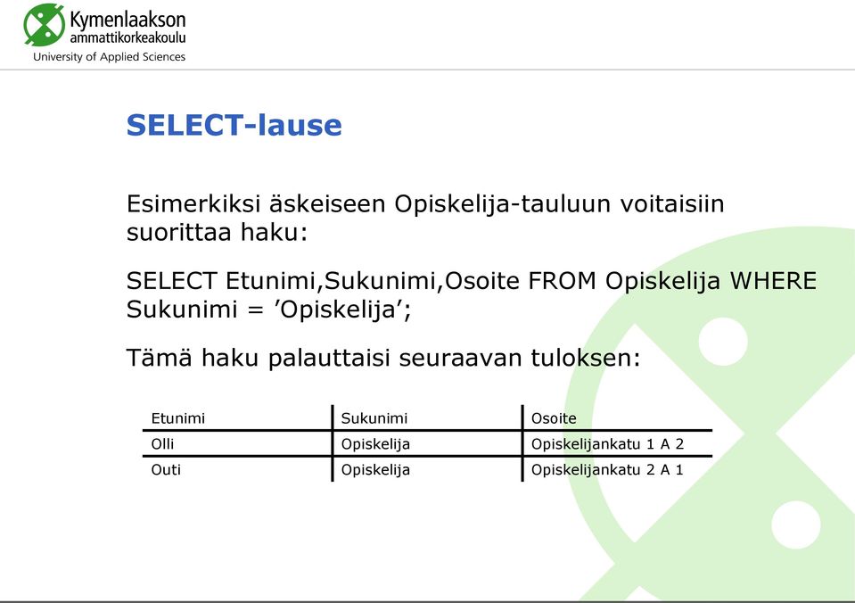 Opiskelija ; Tämä haku palauttaisi seuraavan tuloksen: Etunimi Sukunimi