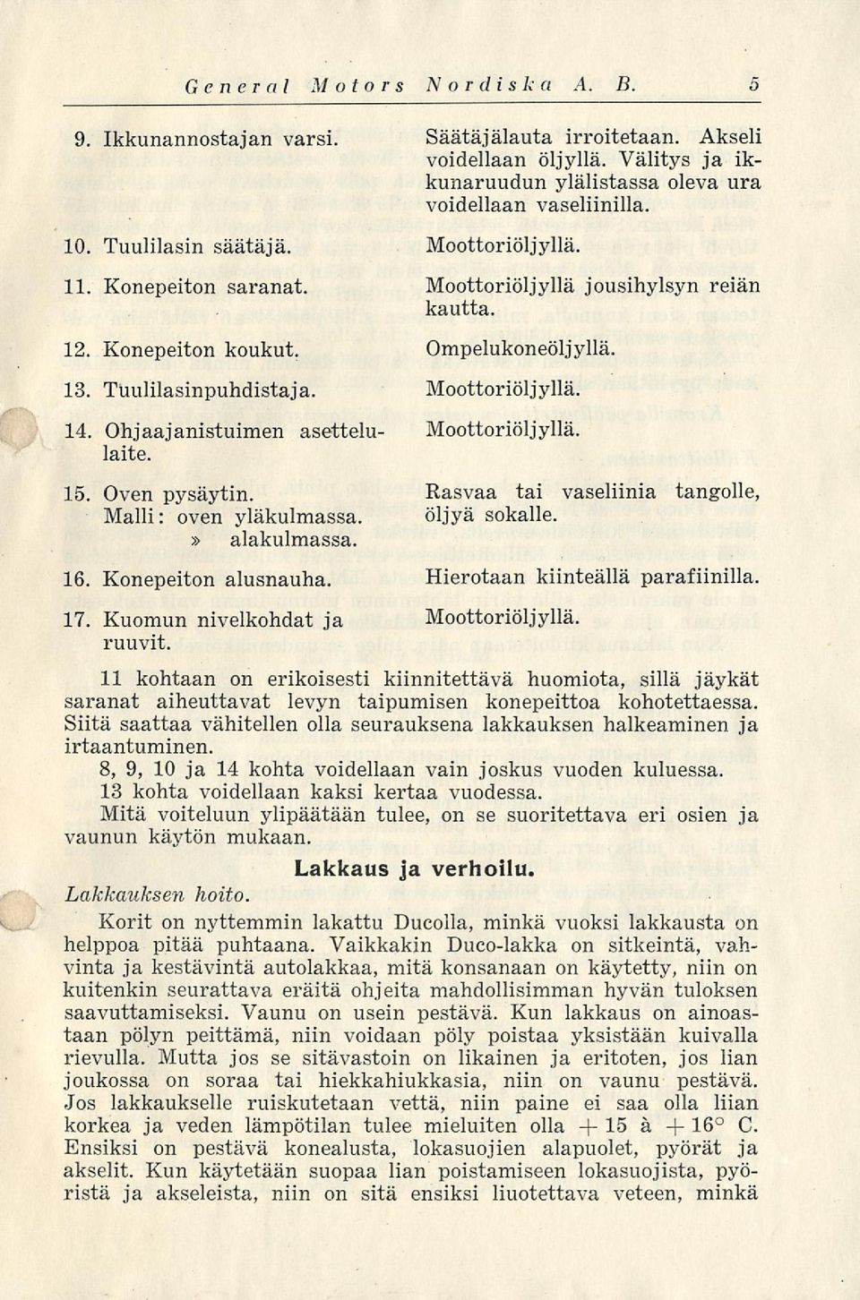 Ohjaajanistuimen asettelulaite. 15. Oven pysäytin. Malli: oven yläkulmassa.» alakulmassa. Moottoriöljyllä. Rasvaa tai vaseliinia tangolle, öljyä sokalle. 16. Konepeiton alusnauha.