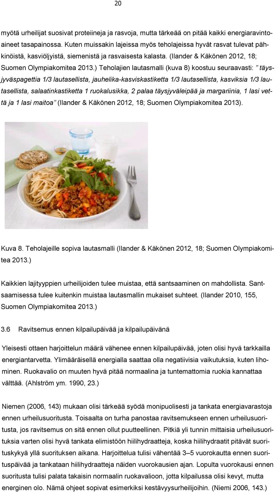 ) Teholajien lautasmalli (kuva 8) koostuu seuraavasti: täysjyväspagettia 1/3 lautasellista, jauhelika-kasviskastiketta 1/3 lautasellista, kasviksia 1/3 lautasellista, salaatinkastiketta 1
