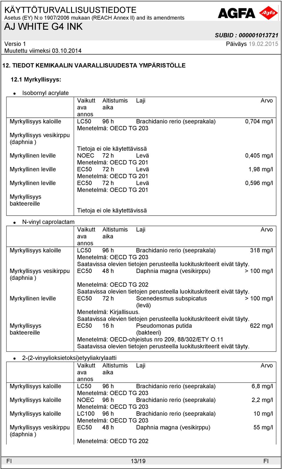 0,405 mg/l Menetelmä: OECD TG 201 Myrkyllinen leville EC50 72 h Levä 1,98 mg/l Menetelmä: OECD TG 201 Myrkyllinen leville EC50 72 h Levä 0,596 mg/l Menetelmä: OECD TG 201 Myrkyllisyys bakteereille