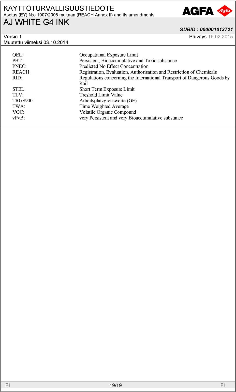 Regulations concerning the International Transport of Dangerous Goods by Rail Short Term Exposure Limit Treshold Limit Value