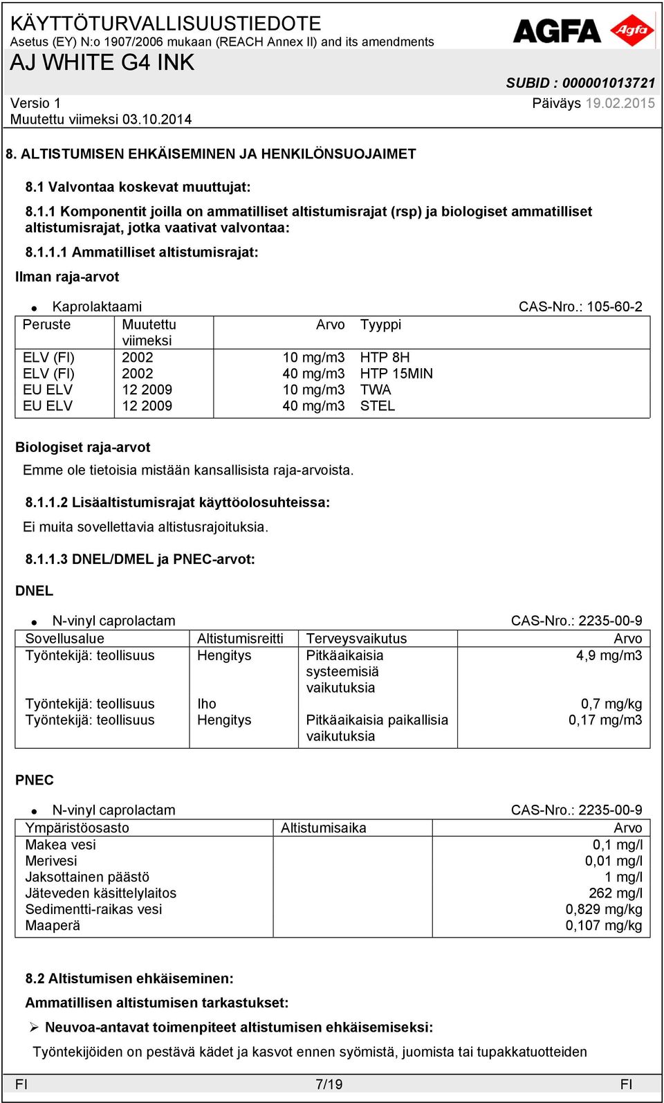 : 105-60-2 Peruste Muutettu Arvo Tyyppi viimeksi ELV (FI) 2002 10 mg/m3 HTP 8H ELV (FI) 2002 40 mg/m3 HTP 15MIN EU ELV 12 2009 10 mg/m3 TWA EU ELV 12 2009 40 mg/m3 STEL Biologiset raja-arvot Emme ole