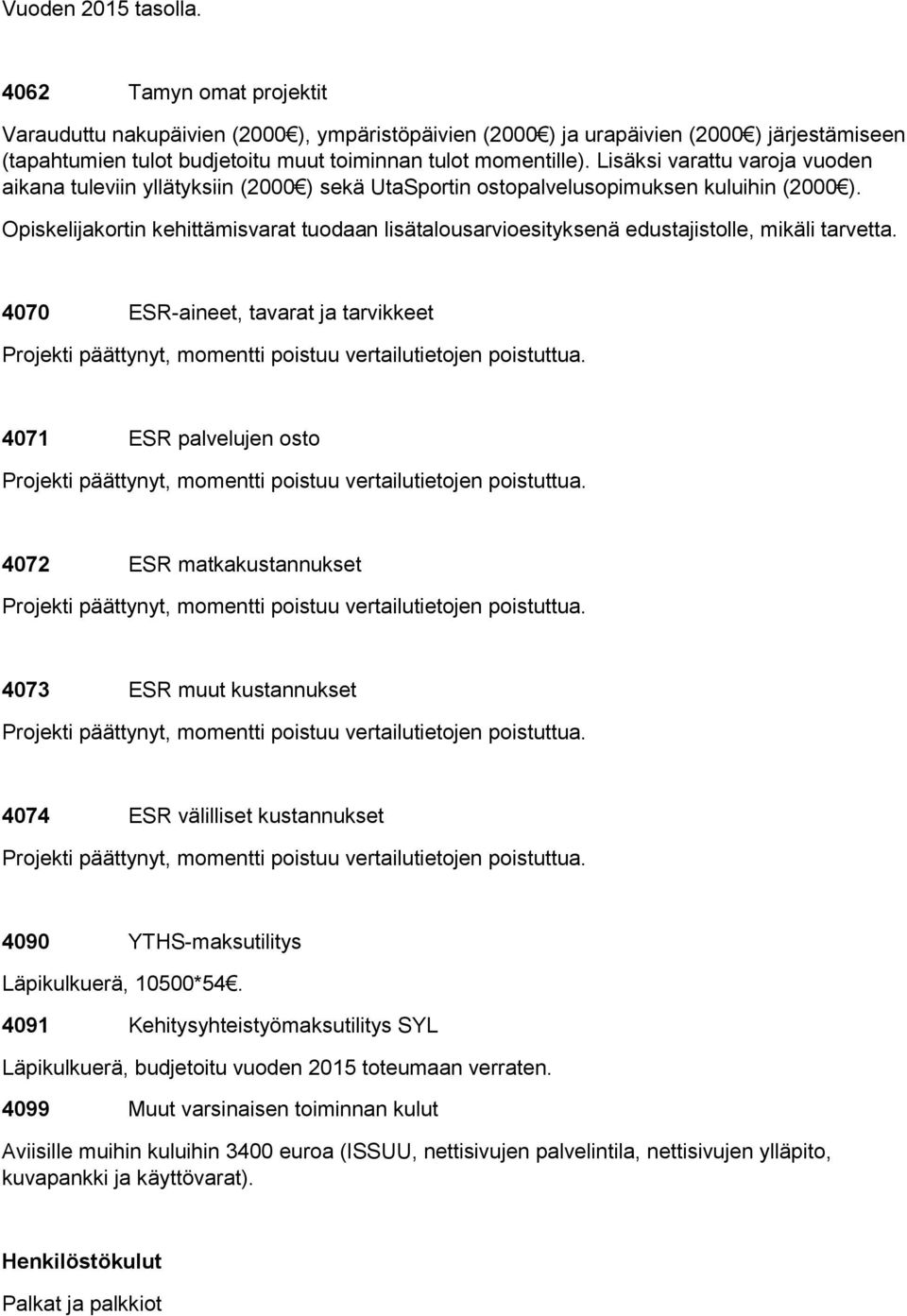 Lisäksi varattu varoja vuoden aikana tuleviin yllätyksiin (2000 ) sekä UtaSportin ostopalvelusopimuksen kuluihin (2000 ).