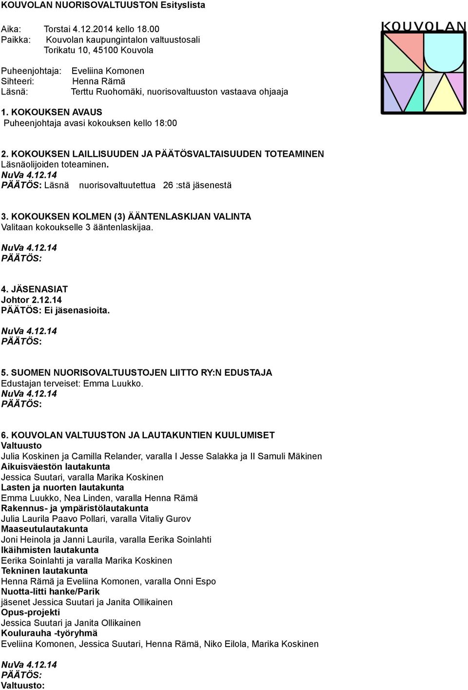 KOKOUKSEN AVAUS Puheenjohtaja avasi kokouksen kello 18:00 2. KOKOUKSEN LAILLISUUDEN JA PÄÄTÖSVALTAISUUDEN TOTEAMINEN Läsnäolijoiden toteaminen. Läsnä nuorisovaltuutettua 26 :stä jäsenestä 3.