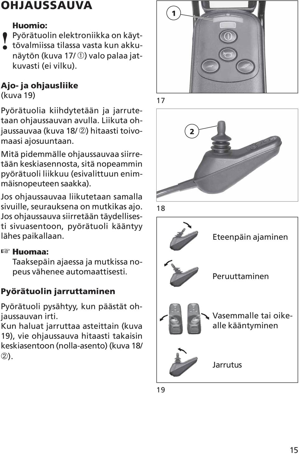 Mitä pidemmälle ohjaussauvaa siirretään keskiasennosta, sitä nopeammin pyörätuoli liikkuu (esivalittuun enimmäisnopeuteen saakka).
