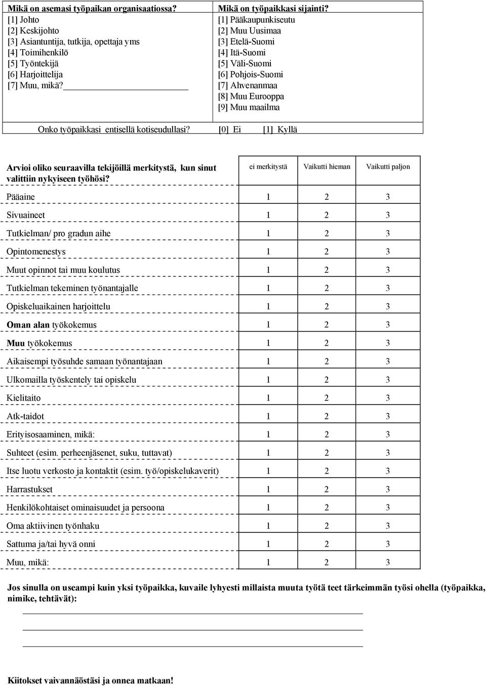 [1] Pääkaupunkiseutu [2] Muu Uusimaa [3] Etelä-Suomi [4] Itä-Suomi [5] Väli-Suomi [6] Pohjois-Suomi [7] Ahvenanmaa [8] Muu Eurooppa [9] Muu maailma Onko työpaikkasi entisellä kotiseudullasi?