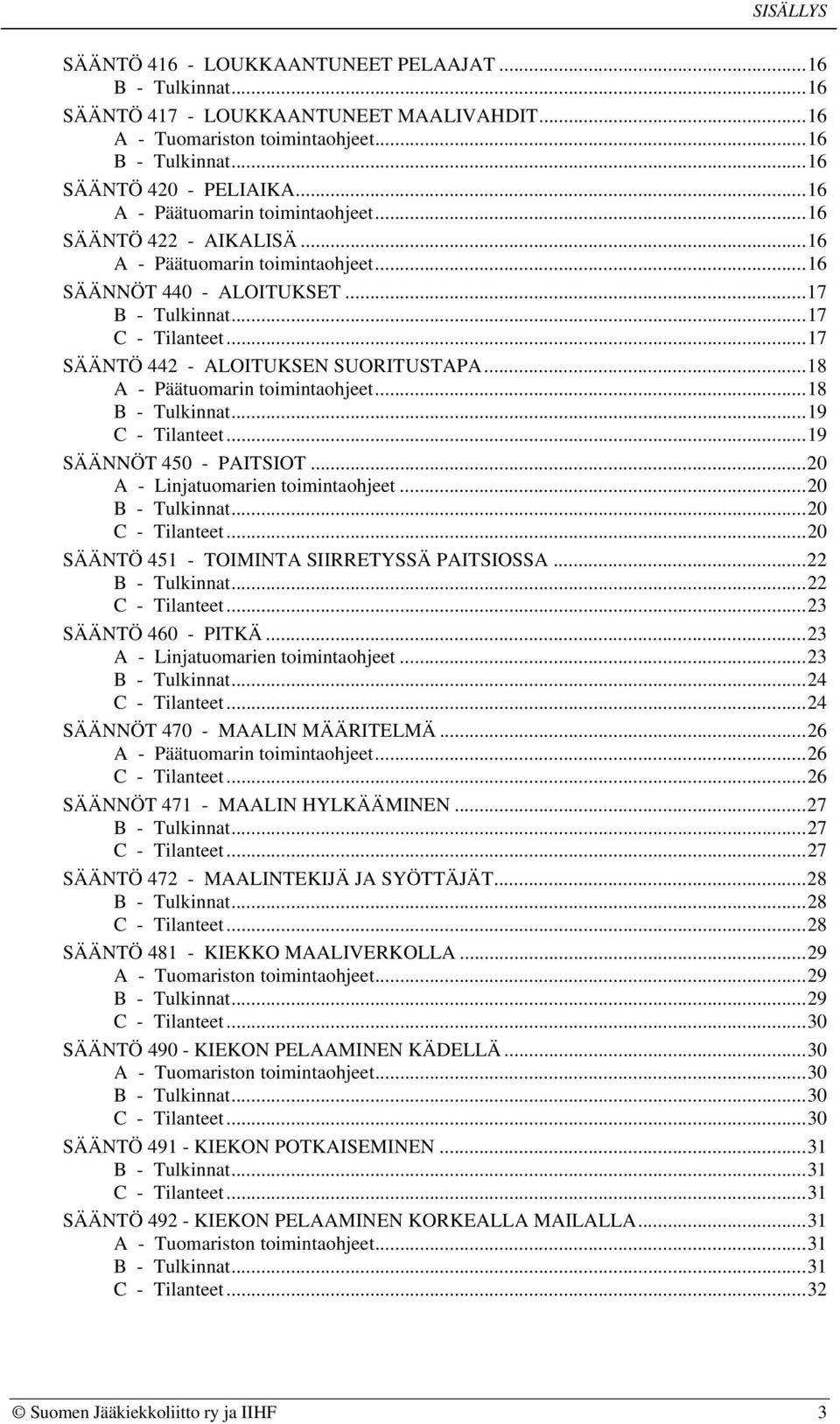 ..19 SÄÄNNÖT 450 - PAITSIOT...20 A - Linjatuomarien toimintaohjeet...20...20...20 SÄÄNTÖ 451 - TOIMINTA SIIRRETYSSÄ PAITSIOSSA...22...22...23 SÄÄNTÖ 460 - PITKÄ...23 A - Linjatuomarien toimintaohjeet.