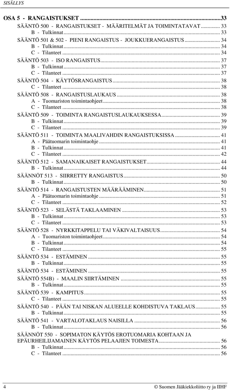 .. 39... 39 SÄÄNTÖ 511 - TOIMINTA MAALIVAHDIN RANGAISTUKSISSA... 41 A - Päätuomarin toimintaohje... 41... 41... 42 SÄÄNTÖ 512 - SAMANAIKAISET RANGAISTUKSET... 44.