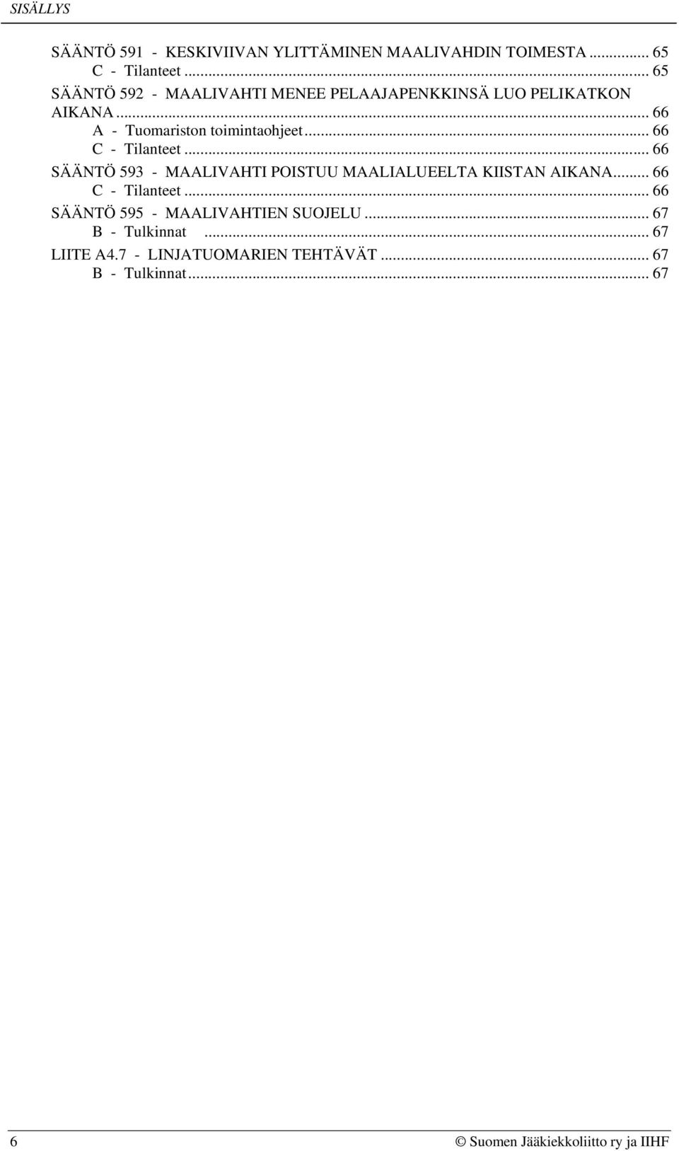 .. 66 A - Tuomariston toimintaohjeet... 66... 66 SÄÄNTÖ 593 - MAALIVAHTI POISTUU MAALIALUEELTA KIISTAN AIKANA.