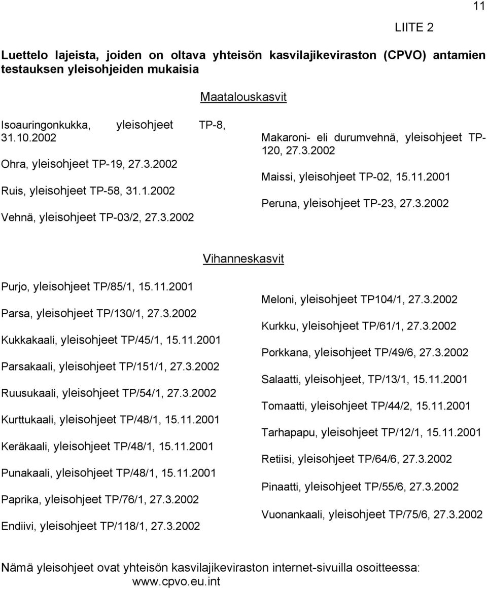 11.2001 Peruna, yleisohjeet TP-23, 27.3.2002 Vihanneskasvit Purjo, yleisohjeet TP/85/1, 15.11.2001 Parsa, yleisohjeet TP/130/1, 27.3.2002 Kukkakaali, yleisohjeet TP/45/1, 15.11.2001 Parsakaali, yleisohjeet TP/151/1, 27.