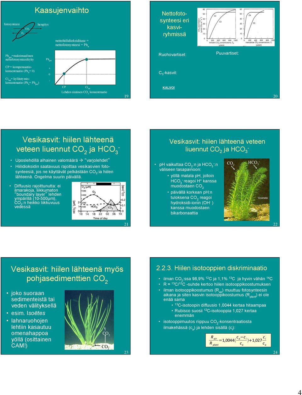 20 Vesikasvit: hiilen lähteenä veteen liuennut ja HCO 3 Vesikasvit: hiilen lähteenä veteen liuennut ja HCO 3 Uposlehdillä alhainen valomäärä à varjolehdet Hiilidioksidin saatavuus rajoittaa