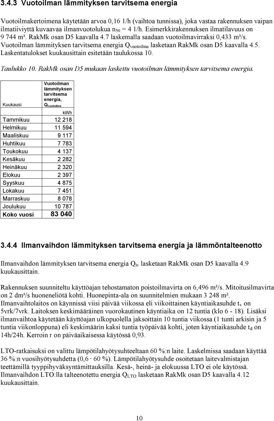 Vuotoilman lämmityksen tarvitsema energia Q vuotoilma lasketaan RakMk osan D5 kaavalla 4.5. Laskentatulokset kuukausittain esitetään taulukossa 10. Taulukko 10.