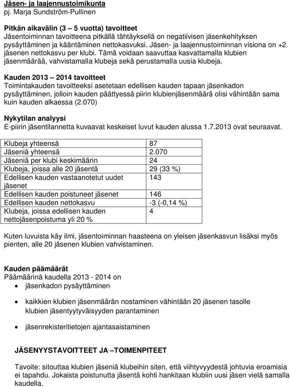 Jäsen- ja laajennustoiminnan visiona on +2 jäsenen nettokasvu per klubi. Tämä voidaan saavuttaa kasvattamalla klubien jäsenmäärää, vahvistamalla klubeja sekä perustamalla uusia klubeja.