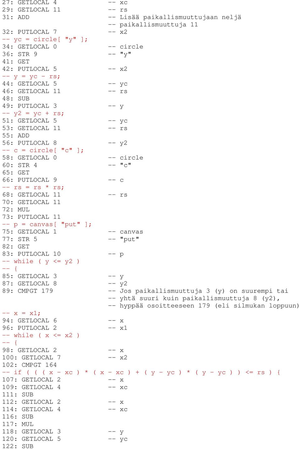 y2 -- c = circle[ "c" ]; 58: GETLOCAL 0 -- circle 60: STR 4 -- "c" 65: GET 66: PUTLOCAL 9 -- c -- rs = rs * rs; 68: GETLOCAL 11 -- rs 70: GETLOCAL 11 72: MUL 73: PUTLOCAL 11 -- p = canvas[ "put" ];