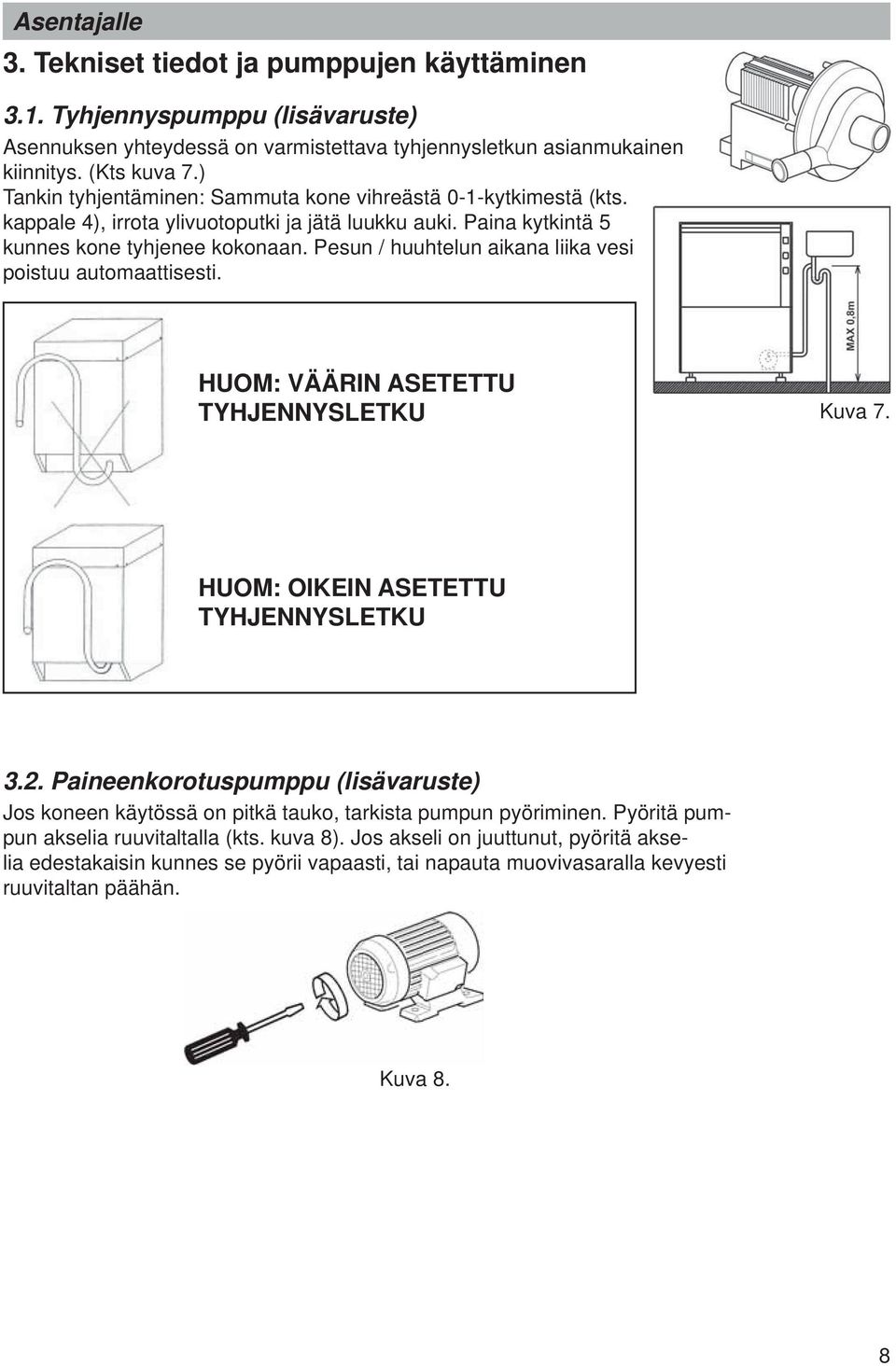 Pesun / huuhtelun aikana liika vesi poistuu automaattisesti. HUOM: VÄÄRIN ASETETTU TYHJENNYSLETKU Kuva 7. HUOM: OIKEIN ASETETTU TYHJENNYSLETKU 3.2.