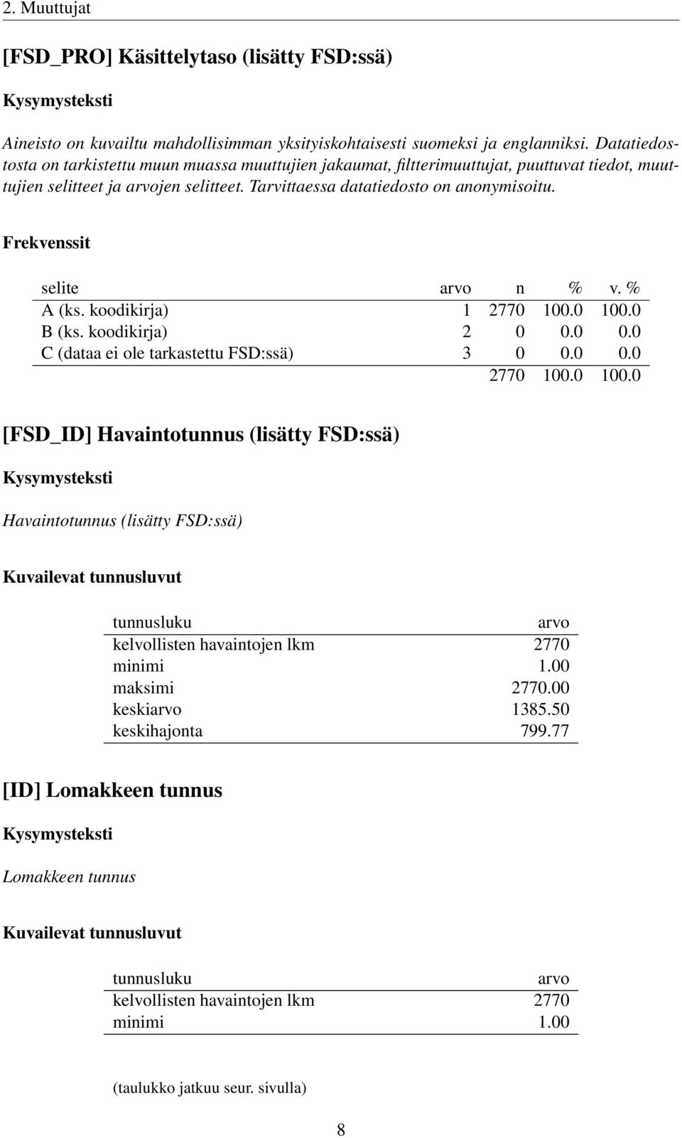 koodikirja) 1 B (ks. koodikirja) 2 0 0.0 0.0 C (dataa ei ole tarkastettu FSD:ssä) 3 0 0.0 0.0 [FSD_ID] Havaintotunnus (lisätty FSD:ssä) Havaintotunnus (lisätty FSD:ssä) Kuvailevat tunnusluvut tunnusluku arvo kelvollisten havaintojen lkm 2770 minimi 1.