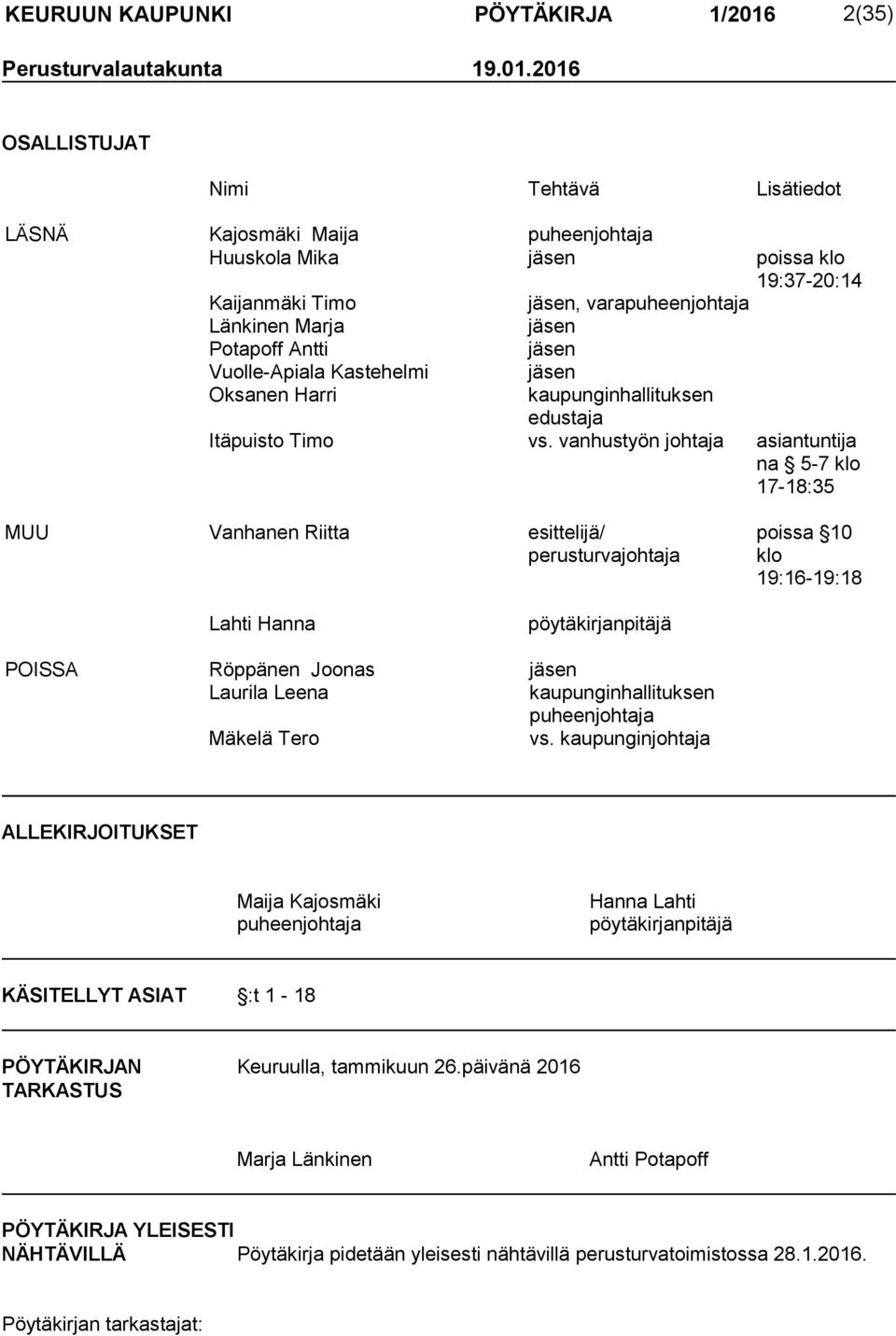2016 OSALLISTUJAT Nimi Tehtävä Lisätiedot LÄSNÄ Kajosmäki Maija puheenjohtaja Huuskola Mika jäsen poissa klo 19:37-20:14 Kaijanmäki Timo jäsen, varapuheenjohtaja Länkinen Marja jäsen Potapoff Antti
