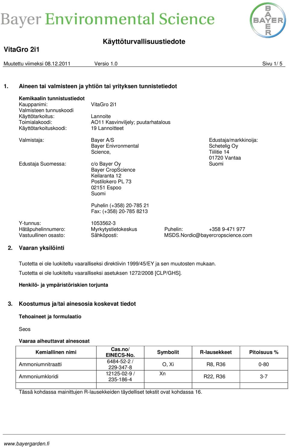 Suomessa: VitaGro 2i1 Lannoite AO11 Kasvinviljely; puutarhatalous 19 Lannoitteet Bayer A/S Bayer Enivronmental Science, c/o Bayer Oy Bayer CropScience Keilaranta 12 Postilokero PL 73 02151 Espoo
