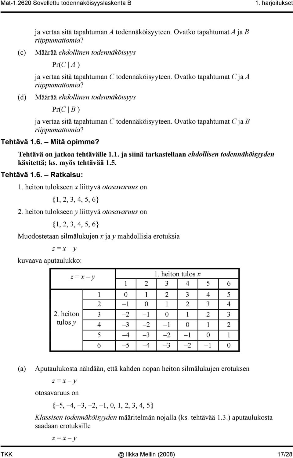 Tehtävä on jatkoa tehtävälle 1.1. ja siinä tarkastellaan ehdollisen todennäköisyyden käsitettä; ks. myös tehtävää 1.5. Tehtävä 1.6. Ratkaisu: 1.