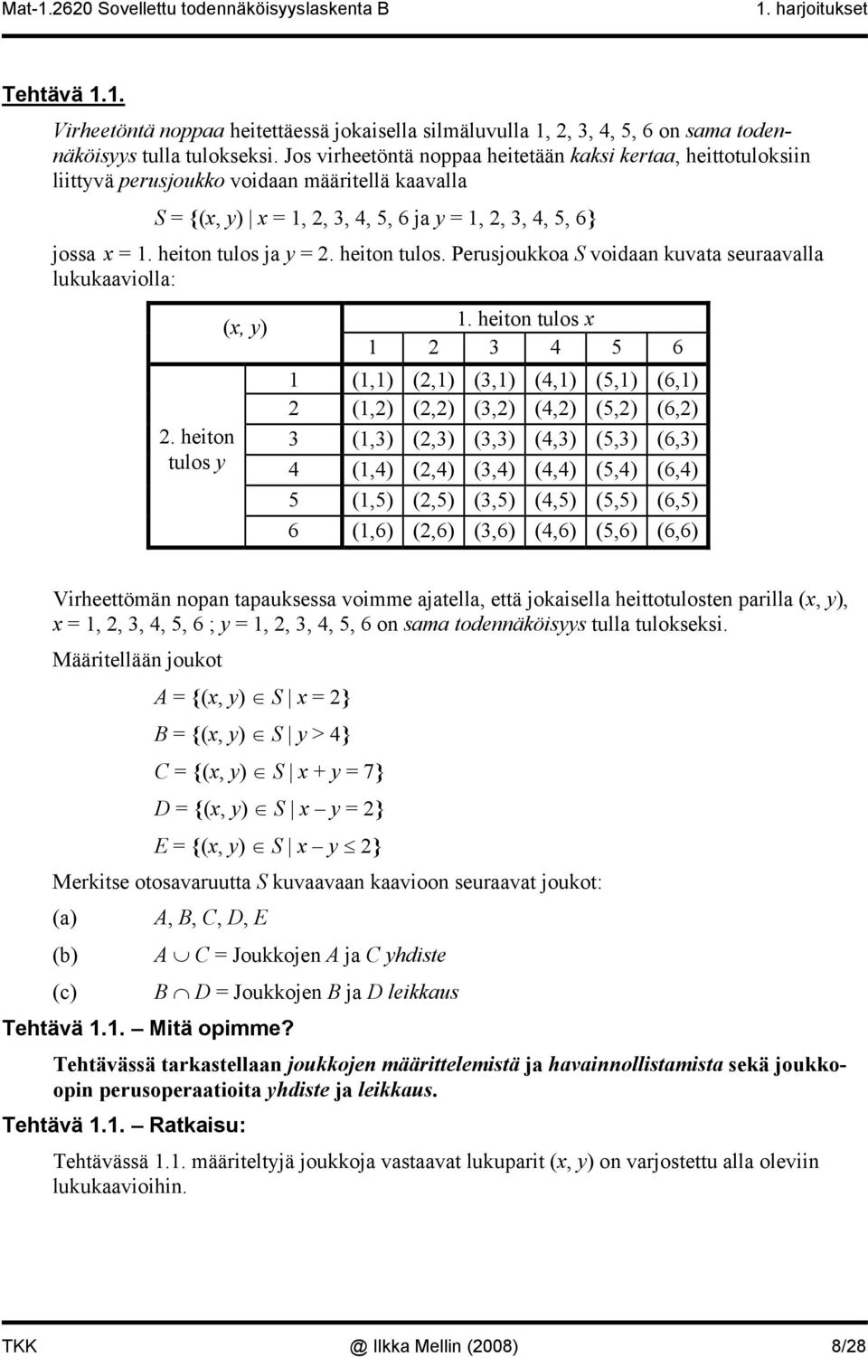 heiton tulos ja y = 2. heiton tulos. Perusjoukkoa S voidaan kuvata seuraavalla lukukaaviolla: 2. heiton tulos y (x, y) 1.