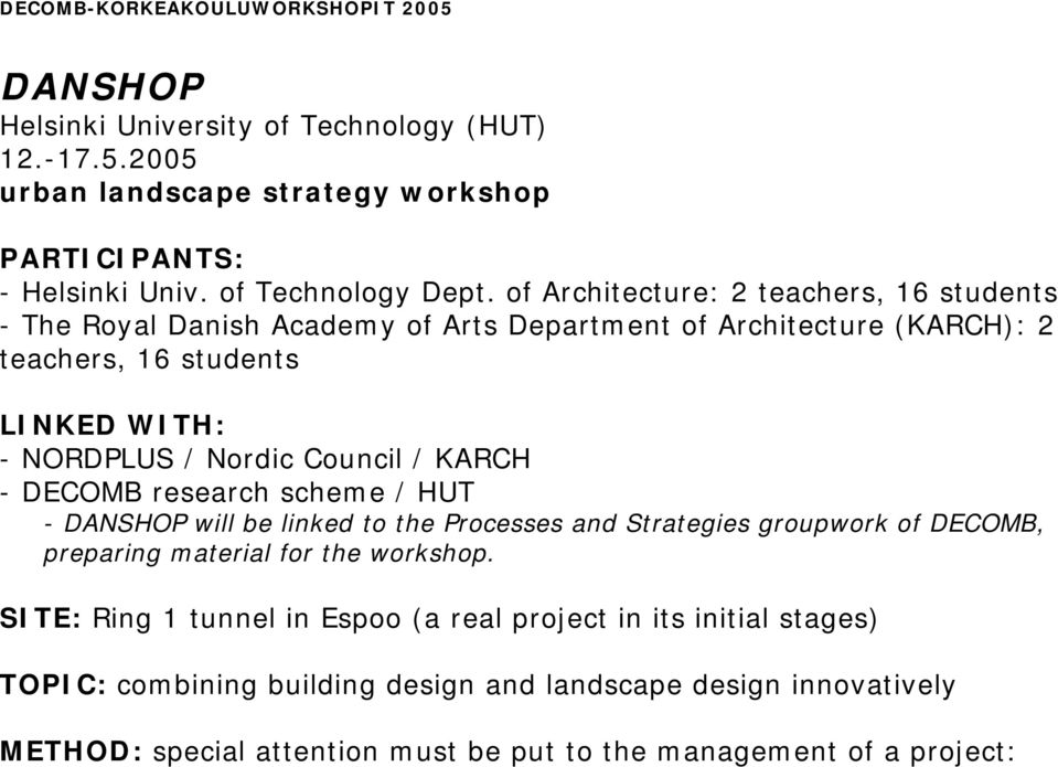 of Architecture: 2 teachers, 16 students - The Royal Danish Academy of Arts Department of Architecture (KARCH): 2 teachers, 16 students LINKED WITH: - NORDPLUS / Nordic Council /