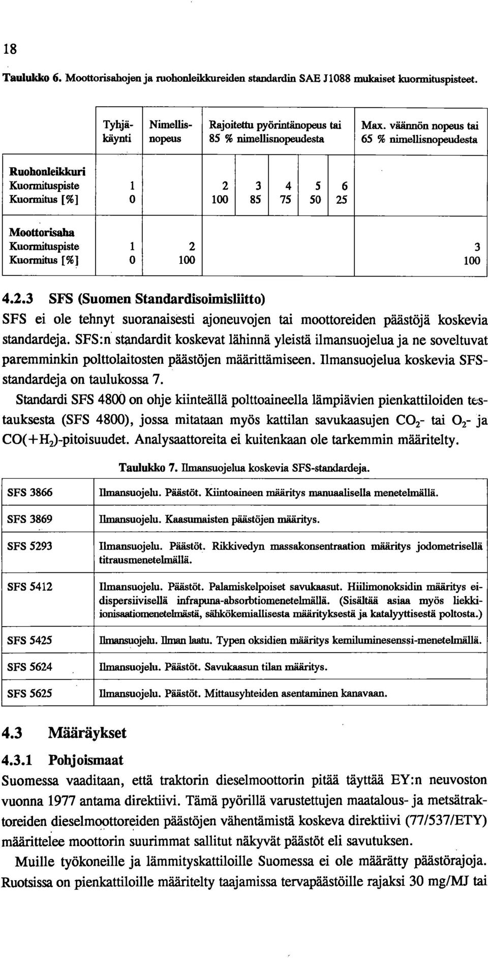 3 4 5 6 Kuormitus [%] 0 100 85 75 50 25 Moottorisaha Kuormituspiste 1 2 3 Kuormitus [%1 0 100 100 4.2.3 SFS (Suomen Standardisoimisliitto) SFS ei ole tehnyt suoranaisesti ajoneuvojen tai moottoreiden päästöjä koskevia standardeja.